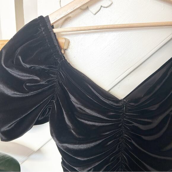Anthropologie Hutch Black Velvet Puff Sleeve Ruched Mini Dress Off Shoulder Sz 8 - Picture 7 of 8